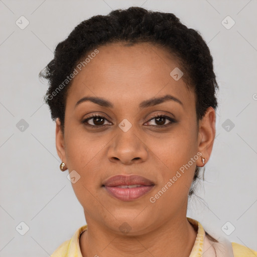 Joyful latino young-adult female with short  brown hair and brown eyes