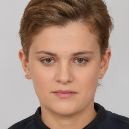 Neutral white young-adult female with short  brown hair and brown eyes