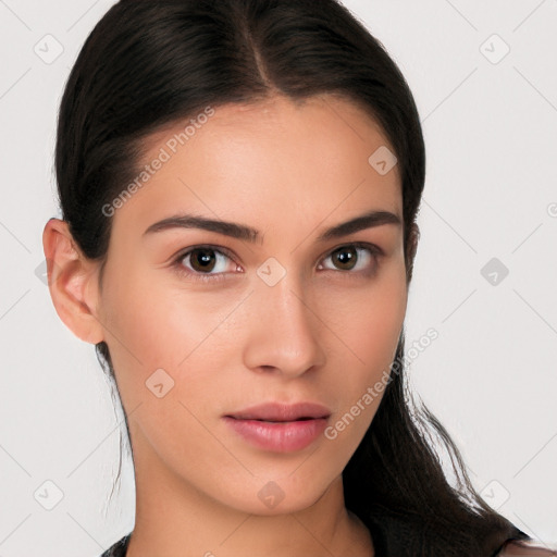 Neutral white young-adult female with medium  brown hair and brown eyes