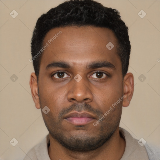Neutral latino young-adult male with short  brown hair and brown eyes