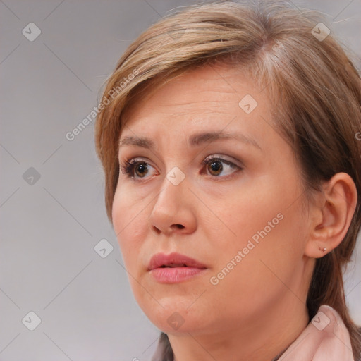 Neutral white young-adult female with medium  brown hair and brown eyes