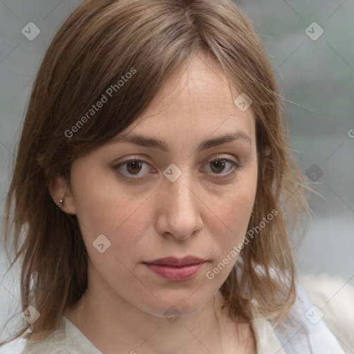 Neutral white young-adult female with medium  brown hair and brown eyes