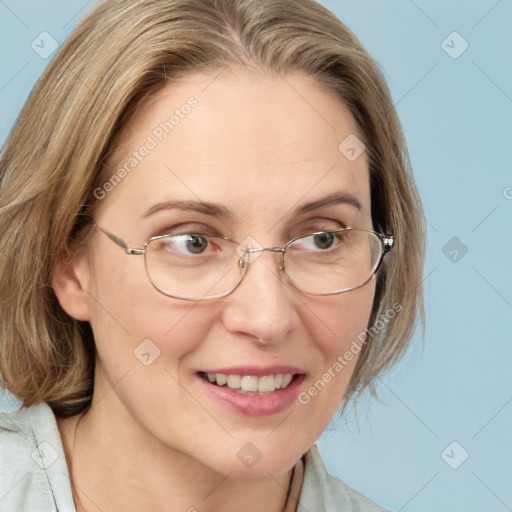 Joyful white adult female with medium  brown hair and blue eyes