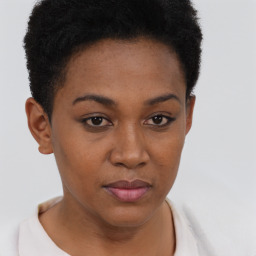 Neutral black young-adult female with short  brown hair and brown eyes