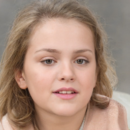 Joyful white child female with medium  brown hair and grey eyes