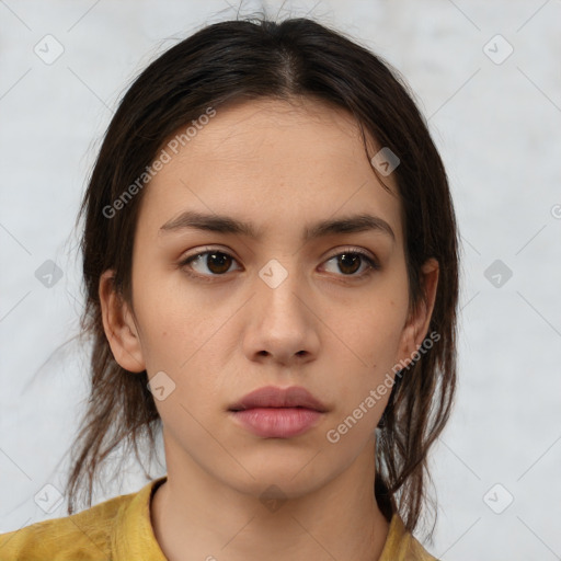 Neutral white young-adult female with medium  brown hair and brown eyes