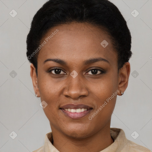 Joyful latino young-adult female with short  black hair and brown eyes