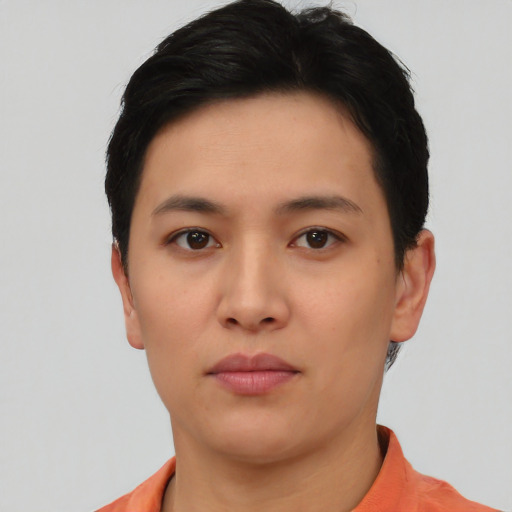 Neutral asian young-adult female with short  black hair and brown eyes