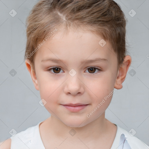 Joyful white child female with short  brown hair and brown eyes