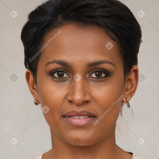 Joyful black young-adult female with short  brown hair and brown eyes