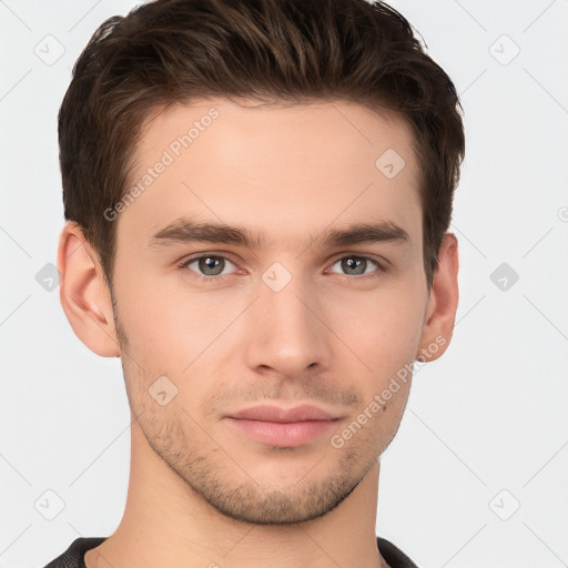 Neutral white young-adult male with short  brown hair and brown eyes