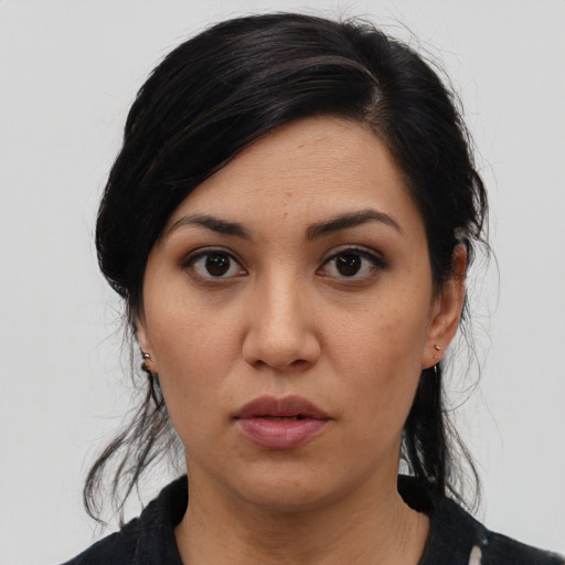 Neutral asian young-adult female with medium  black hair and brown eyes
