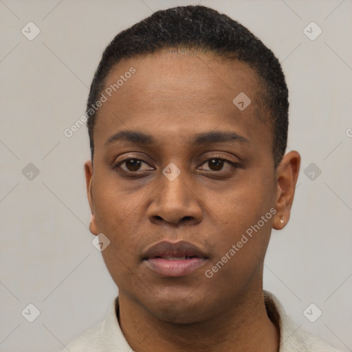 Neutral black young-adult male with short  black hair and brown eyes