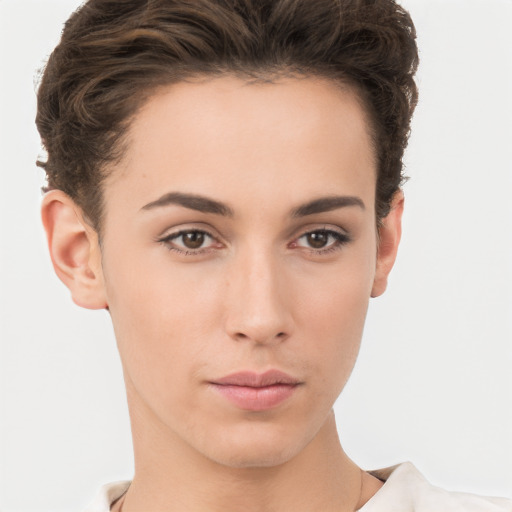 Neutral white young-adult female with short  brown hair and brown eyes