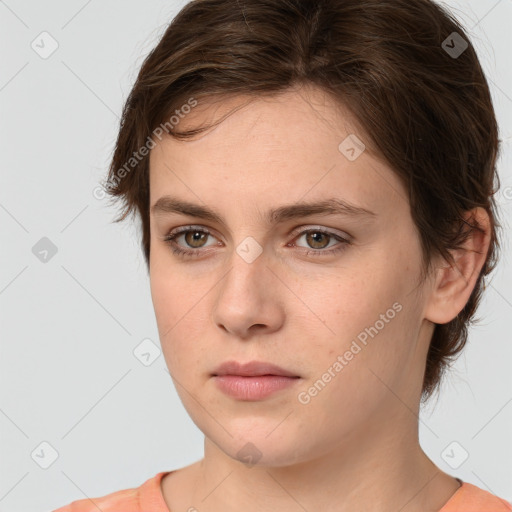 Neutral white young-adult female with medium  brown hair and brown eyes