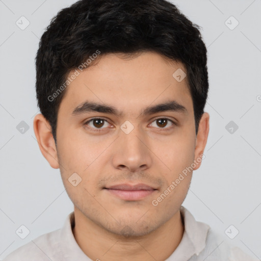 Neutral latino young-adult male with short  brown hair and brown eyes