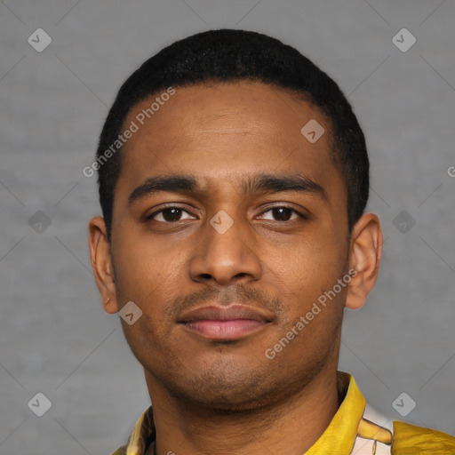 Neutral latino young-adult male with short  black hair and brown eyes