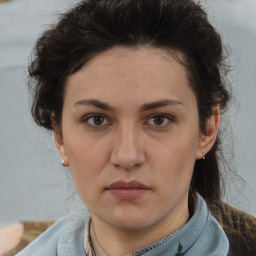 Neutral white young-adult female with short  brown hair and brown eyes