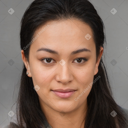 Joyful asian young-adult female with long  brown hair and brown eyes