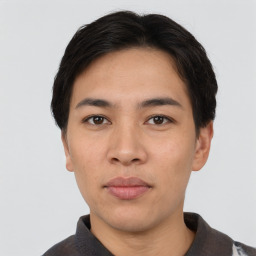 Neutral asian young-adult male with short  black hair and brown eyes