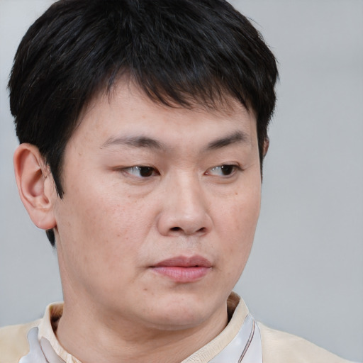 Neutral asian young-adult male with short  brown hair and brown eyes