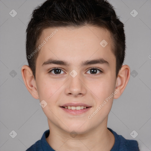 Joyful white child male with short  brown hair and brown eyes