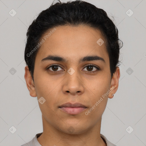 Neutral latino young-adult male with short  black hair and brown eyes