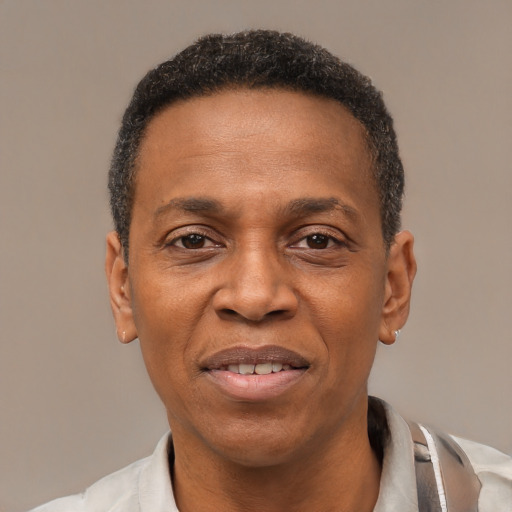 Joyful latino adult male with short  black hair and brown eyes