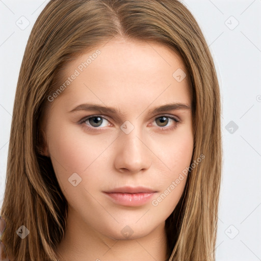 Neutral white young-adult female with long  brown hair and brown eyes