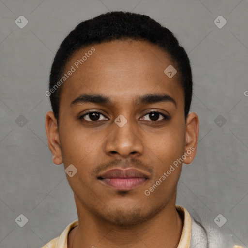 Neutral latino young-adult male with short  black hair and brown eyes