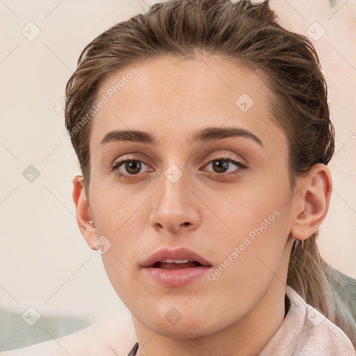 Neutral white young-adult female with medium  brown hair and brown eyes