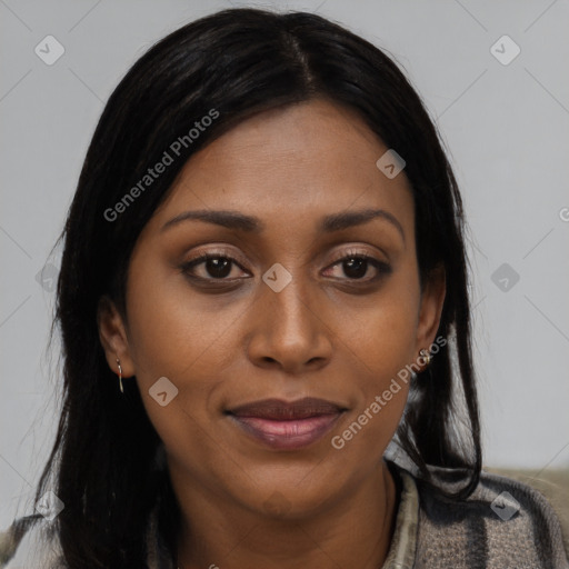 Joyful asian young-adult female with medium  black hair and brown eyes