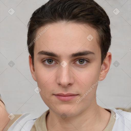 Neutral white young-adult male with short  brown hair and brown eyes