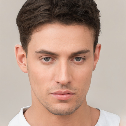 Neutral white young-adult male with short  brown hair and brown eyes