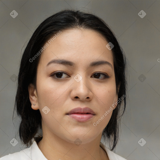 Neutral asian young-adult female with medium  brown hair and brown eyes