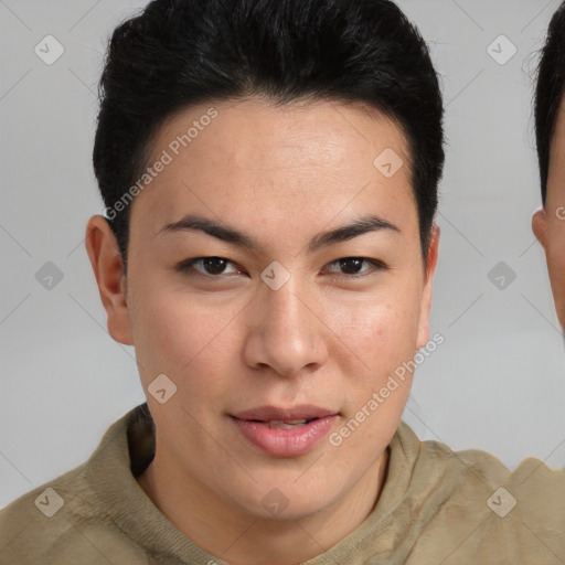 Joyful asian young-adult female with short  brown hair and brown eyes