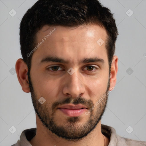 Neutral white young-adult male with short  brown hair and brown eyes