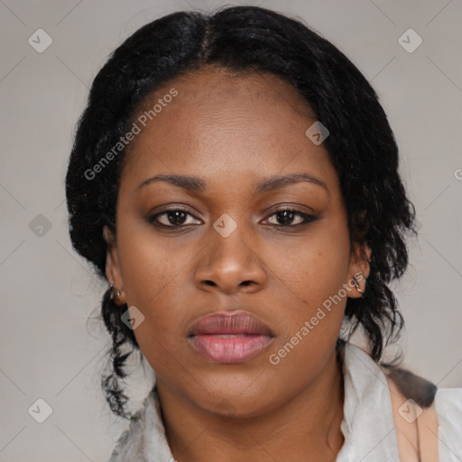 Neutral black young-adult female with medium  black hair and brown eyes