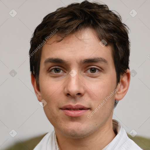 Neutral white young-adult male with short  brown hair and brown eyes