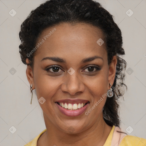 Joyful latino young-adult female with short  brown hair and brown eyes