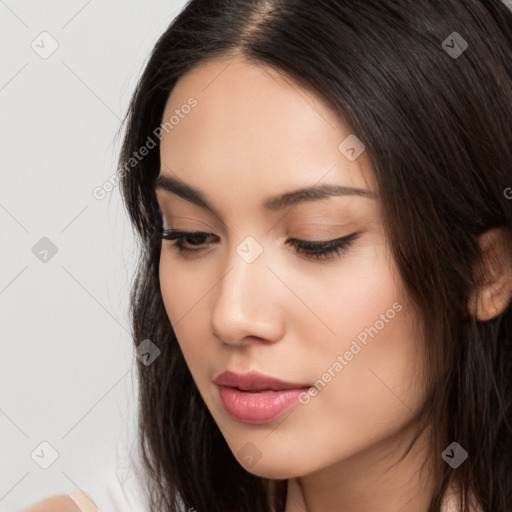 Neutral white young-adult female with medium  brown hair and brown eyes