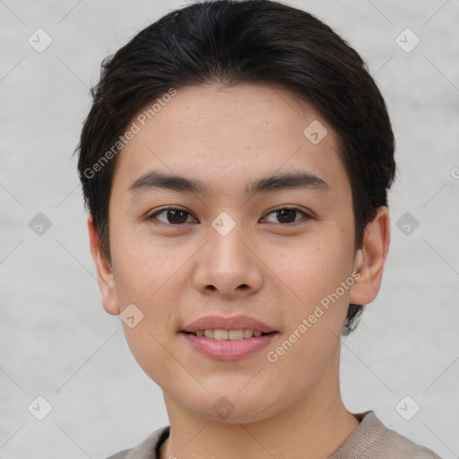 Joyful white young-adult female with short  brown hair and brown eyes