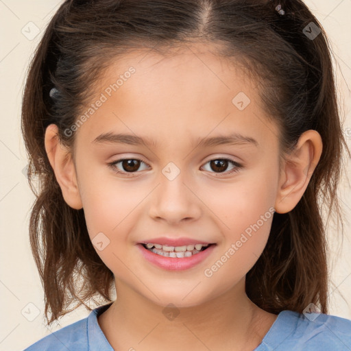 Joyful white child female with medium  brown hair and brown eyes