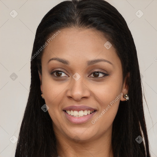 Joyful latino young-adult female with long  brown hair and brown eyes