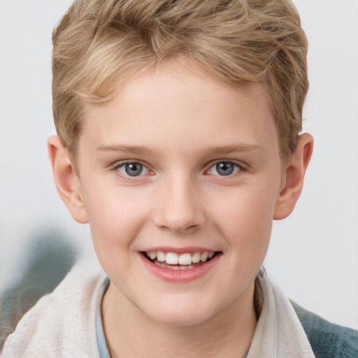 Joyful white child female with short  brown hair and grey eyes