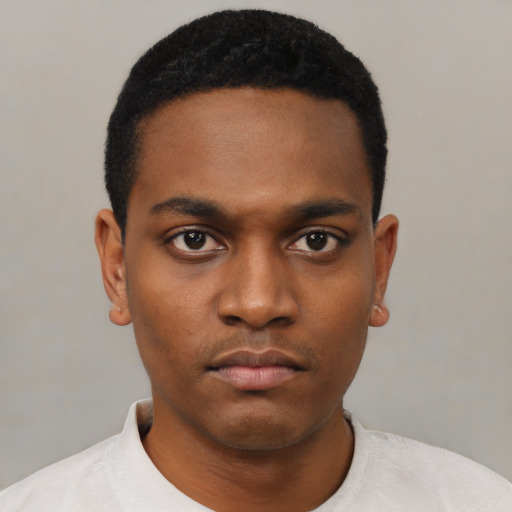 Neutral black young-adult male with short  black hair and brown eyes