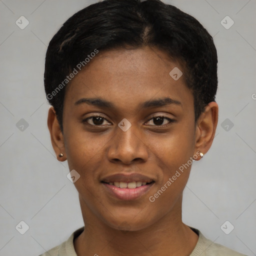 Joyful latino young-adult female with short  black hair and brown eyes