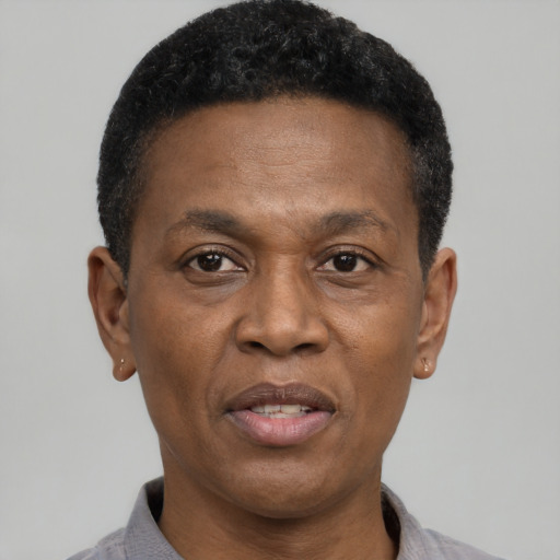 Joyful black adult male with short  black hair and brown eyes