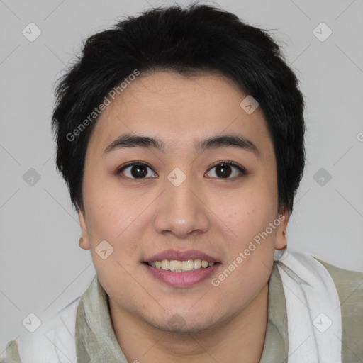 Joyful asian young-adult female with short  brown hair and brown eyes