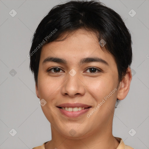 Joyful white young-adult female with short  brown hair and brown eyes